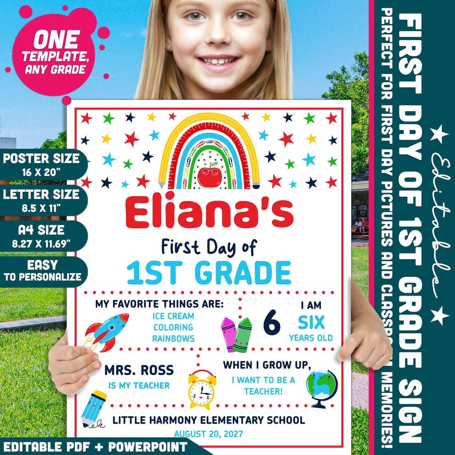 Editable First & Last Day of 1st Grade Sign, Printable Back to School Sign for Kids, PDF and PowerPoint, 16x20" Poster