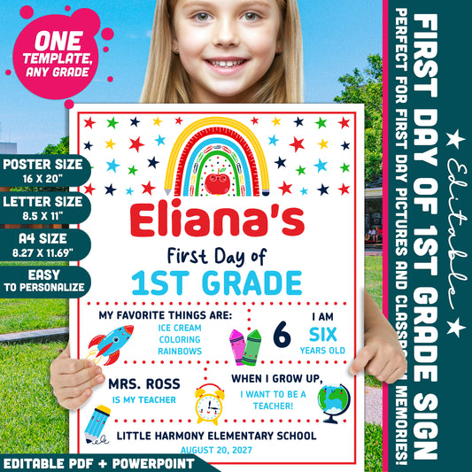 Editable First & Last Day of 1st Grade Sign, Printable Back to School Sign for Kids, PDF and PowerPoint, 16x20" Poster
