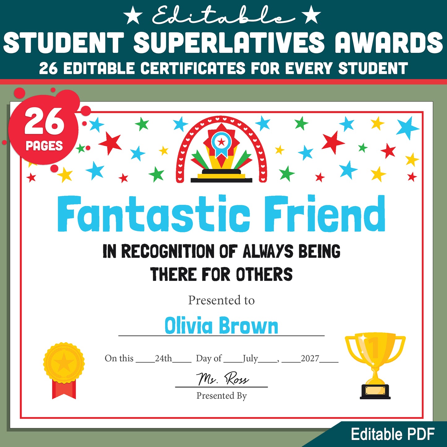 Classroom Superlatives End of Year, Printable Certificates Bundle, 26 Editable Designs, Student Recognition Pack, Lighthearted Classroom Awards