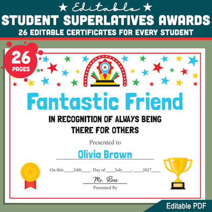 Classroom Superlatives End of Year, Printable Certificates Bundle, 26 Editable Designs, Student Recognition Pack, Lighthearted Classroom Awards