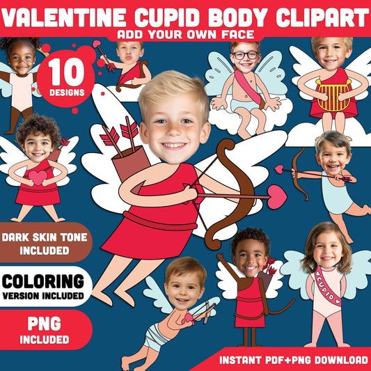 Cupid Add Your Photo Templates, Valentine Cut & Paste Add Your Own Face Craft, Bulletin Board Displays, 10 Unique Designs, Coloring Version Included