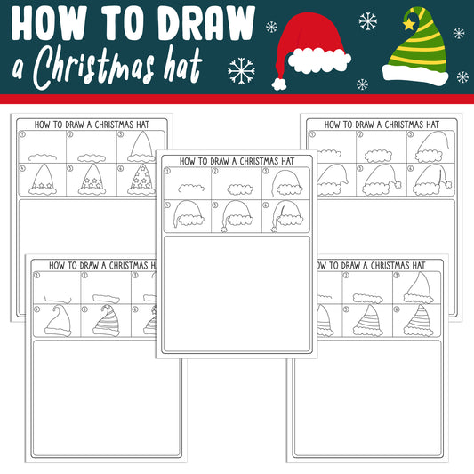 Learn How To Draw a Christmas Santa Elf Hat: Directed Drawing Step by Step Tutorial, Includes 5 Coloring Pages, PDF File, Instant Download.