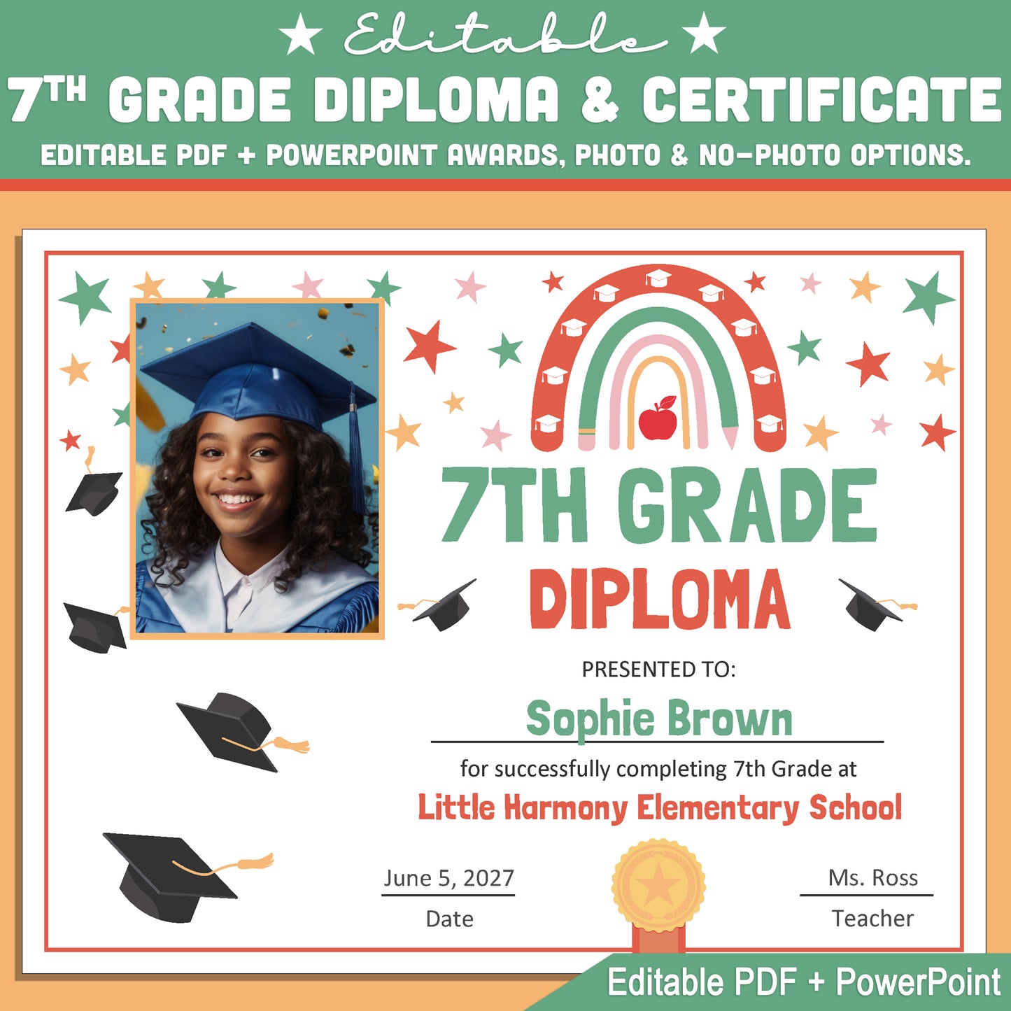 Editable 7th Grade Graduation Diploma & Certificate Set, Retro Rainbow Stars Theme, Printable Awards, Photo or No-Photo, PDF, PowerPoint
