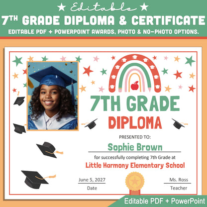 Editable 7th Grade Graduation Diploma & Certificate Set, Retro Rainbow Stars Theme, Printable Awards, Photo or No-Photo, PDF, PowerPoint