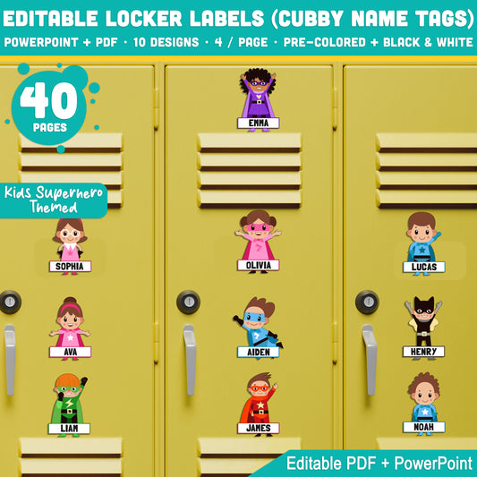 Editable Locker Labels, Cute Kids’ Superhero-Themed Cubby Name Tags, PDF + PowerPoint, Black & White + Pre-Colored, Teacher Resource for School