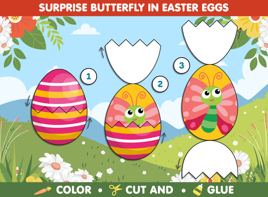 Fluttering Fun: Surprise Butterfly in Easter Eggs Craft Activity for Kids! Color, Cut, & Glue, Available in Color and Coloring Versions, PDF