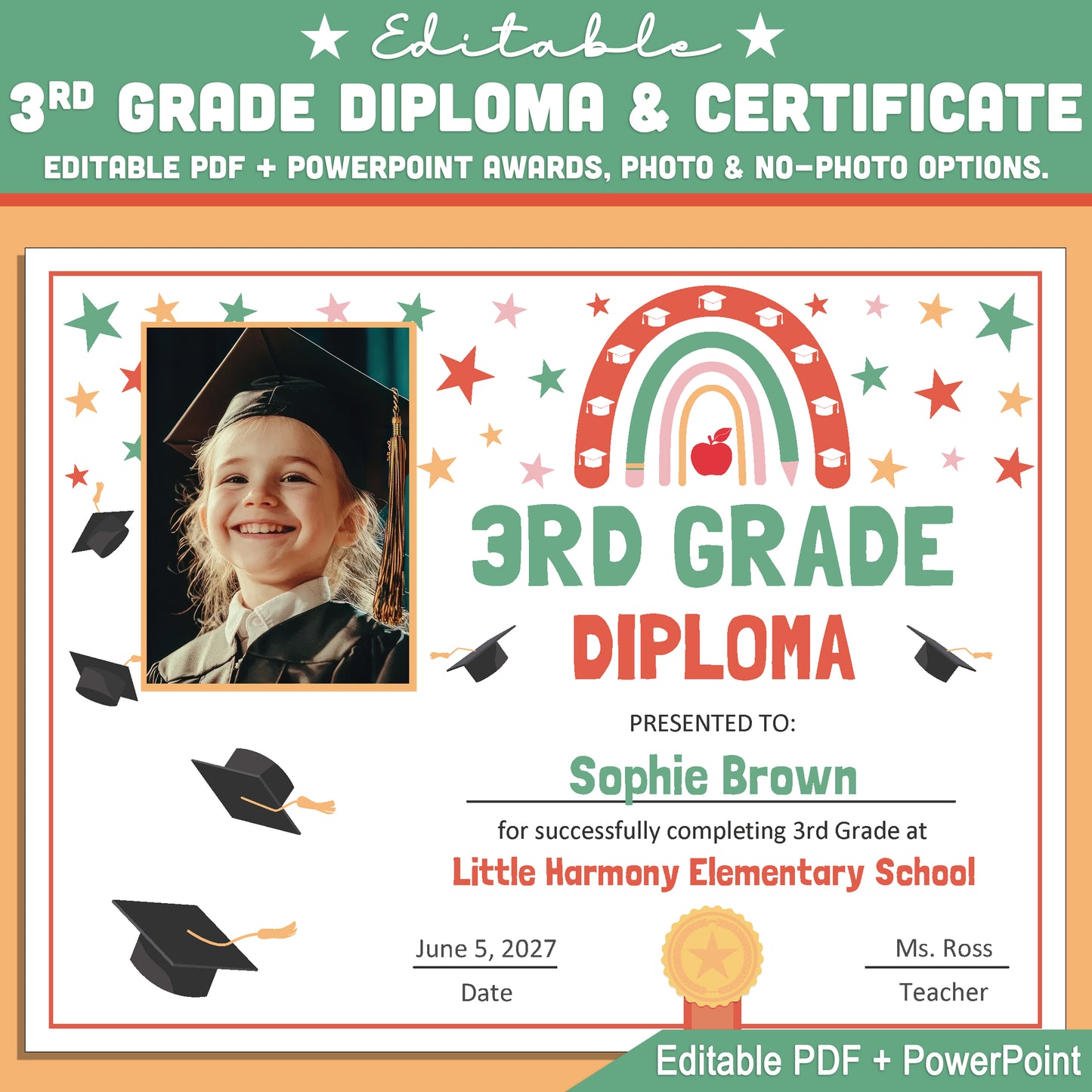 Editable 3rd Grade Graduation Diploma & Certificate Set, Retro Rainbow Stars Theme, 8.5x11 Awards, Photo and No-Photo Options, PDF, PowerPoint