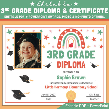 Editable 3rd Grade Graduation Diploma & Certificate Set, Retro Rainbow Stars Theme, 8.5x11 Awards, Photo and No-Photo Options, PDF, PowerPoint