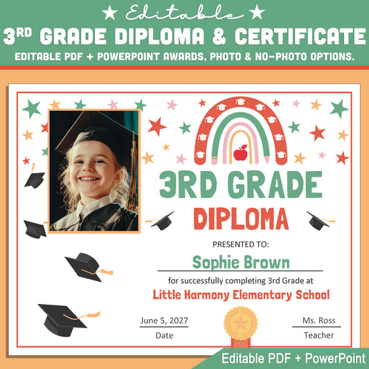 Editable 3rd Grade Graduation Diploma & Certificate Set, Retro Rainbow Stars Theme, 8.5x11 Awards, Photo and No-Photo Options, PDF, PowerPoint