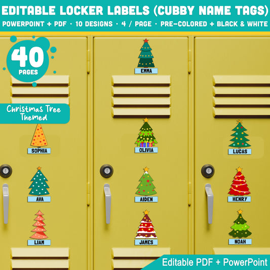 Christmas Tree Themed Editable Locker Labels, Cubby Name Tags, 40 Pages, 10 Designs, PDF + PowerPoint, Pre-Colored + Black & White, Instant Classroom Download