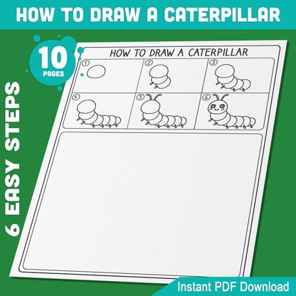 Learn to Draw a Caterpillar for Kids: 5-Step Tutorial and 5 Coloring Pages, Fun Spring Craft and Art Project, Instant PDF Download.