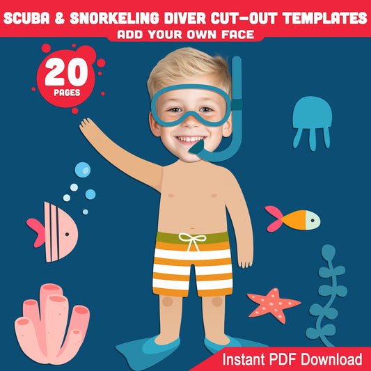 Scuba & Snorkeling Body Cut-Out Craft for Kids – Underwater Summer Dress-Up Printable with Add-Your-Face Fun, 20+ Pages, Instant PDF, Dark Skin Included