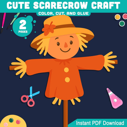 Cute Scarecrow Craft for Preschool, Pre-K, Kindergarten, Fall Printable Halloween Project, Color Cut and Glue Bulletin Board Activity, 2 Pages, Instant PDF