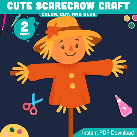 Cute Scarecrow Craft for Preschool, Pre-K, Kindergarten, Fall Printable Halloween Project, Color Cut and Glue Bulletin Board Activity, 2 Pages, Instant PDF