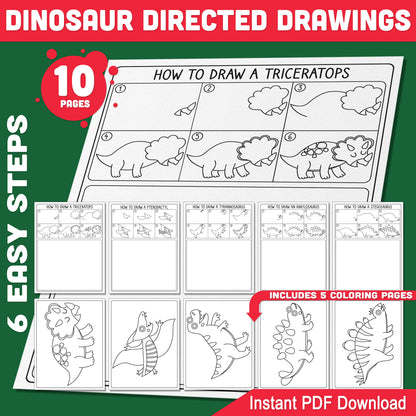 Dinosaur Directed Drawings for Kids, Easy Drawing Guide Worksheets with Triceratops Pterodactyl Tyrannosaurus Ankylosaurus Stegosaurus and Coloring Pages