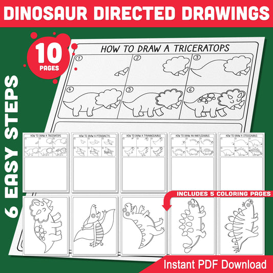 Dinosaur Directed Drawings for Kids, Easy Drawing Guide Worksheets with Triceratops Pterodactyl Tyrannosaurus Ankylosaurus Stegosaurus and Coloring Pages