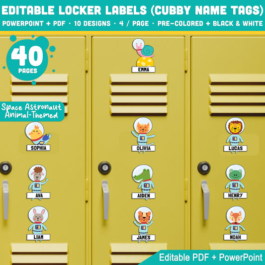 Editable Locker Labels (Cubby Name Tags), Cute Space Astronaut Animal-Themed, Pre-Colored + Black & White, PDF + PowerPoint for Teachers & Parents