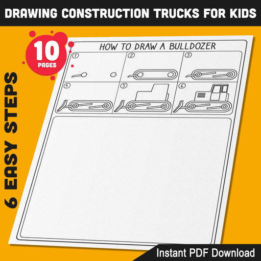 Drawing Construction Trucks Made Easy: Bulldozer, Dump Truck, Cement Truck, Excavator, and Crane Truck Tutorial with Coloring Pages, PDF Download