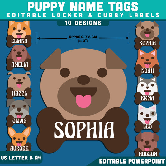 Puppy Name Tags, Cute Dog Classroom Labels, Editable Locker & Cubby Decor, Friendly School Theme, PowerPoint Template, 10 Designs, US Letter, A4