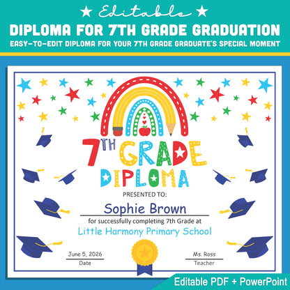 Personalized 7th Grade Diploma Template: Customizable PDF & PowerPoint Design for Graduation, Achievements, and Recognition Awards, Letter Size