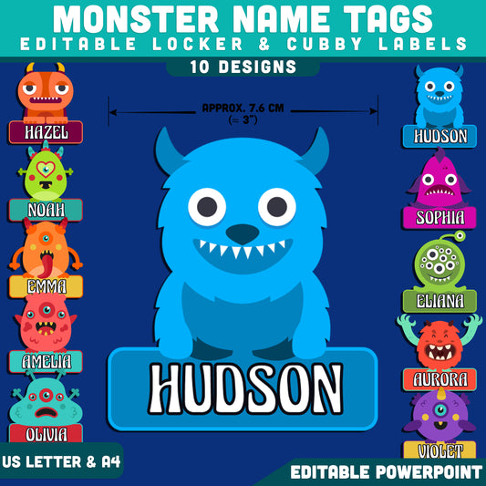 Monster Classroom Name Tags, Playful Student Organization Decor, Editable PowerPoint, Desk & Locker Labels, 10 Designs, US Letter & A4
