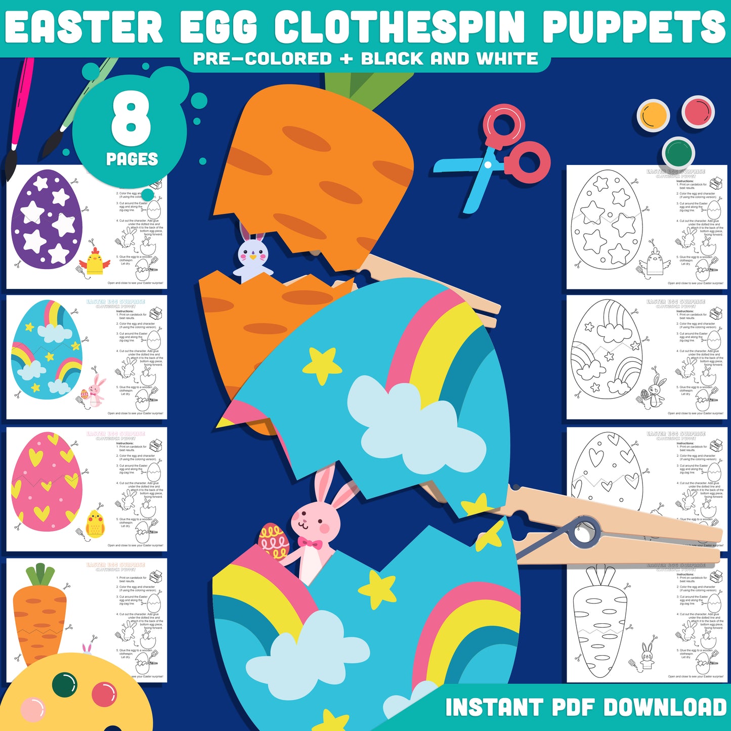 DIY Easter Puppet Printable, Easter Egg Surprise Craft Printable with Bunny and Chick, Clothespin Puppet Craft Templates, 4 Designs