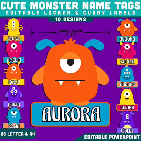 Cute Monster Student Name Tags, Colorful Classroom Decor, Editable PowerPoint Template, Desk, Locker & Cubby, 10 Designs, US Letter & A4