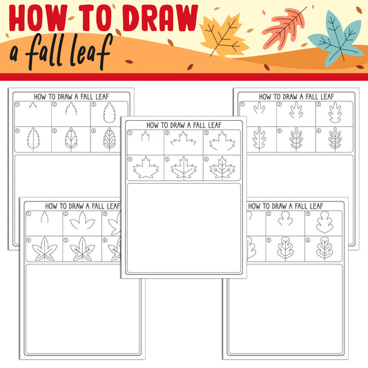 Learn How to Draw a Fall Leaf for Kids: Directed Drawing Step by Step Tutorial, Includes 5 Coloring Pages, PDF File, Instant Download.