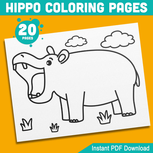 20 Hippo Coloring Pages with Thick Borders for Preschool & Kindergarten, Simple, Fun Designs, Large Size, Easy-to-Print PDF Instant Download