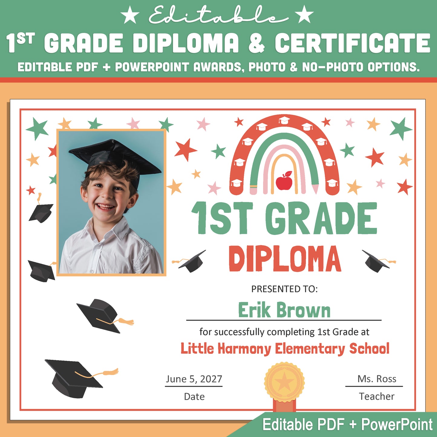 Editable 1st Grade Graduation Diploma & Certificate Set, Retro Rainbow Stars Theme, Printable Awards, Photo or No-Photo Options, PDF, PowerPoint