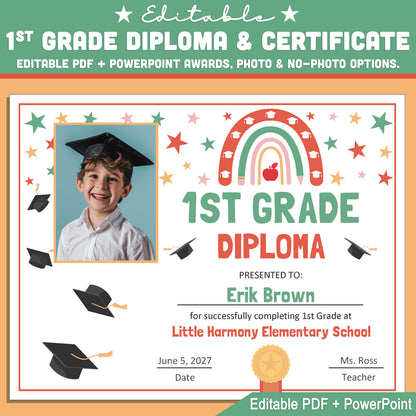 Editable 1st Grade Graduation Diploma & Certificate Set, Retro Rainbow Stars Theme, Printable Awards, Photo or No-Photo Options, PDF, PowerPoint