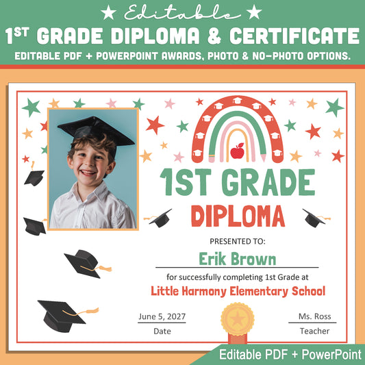 Editable 1st Grade Graduation Diploma & Certificate Set, Retro Rainbow Stars Theme, Printable Awards, Photo or No-Photo Options, PDF, PowerPoint
