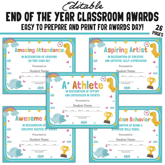 Editable End of Year Class Superlatives Awards Certificates – 26-Page PDF with Adorable Dinosaur Theme – Instant Download