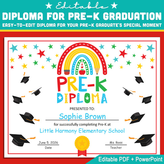 Editable Pre-K Diploma Graduation Certificate Template: Perfect for End of the Year Celebrations, Last Day of School, Letter Size PDF & PowerPoint!