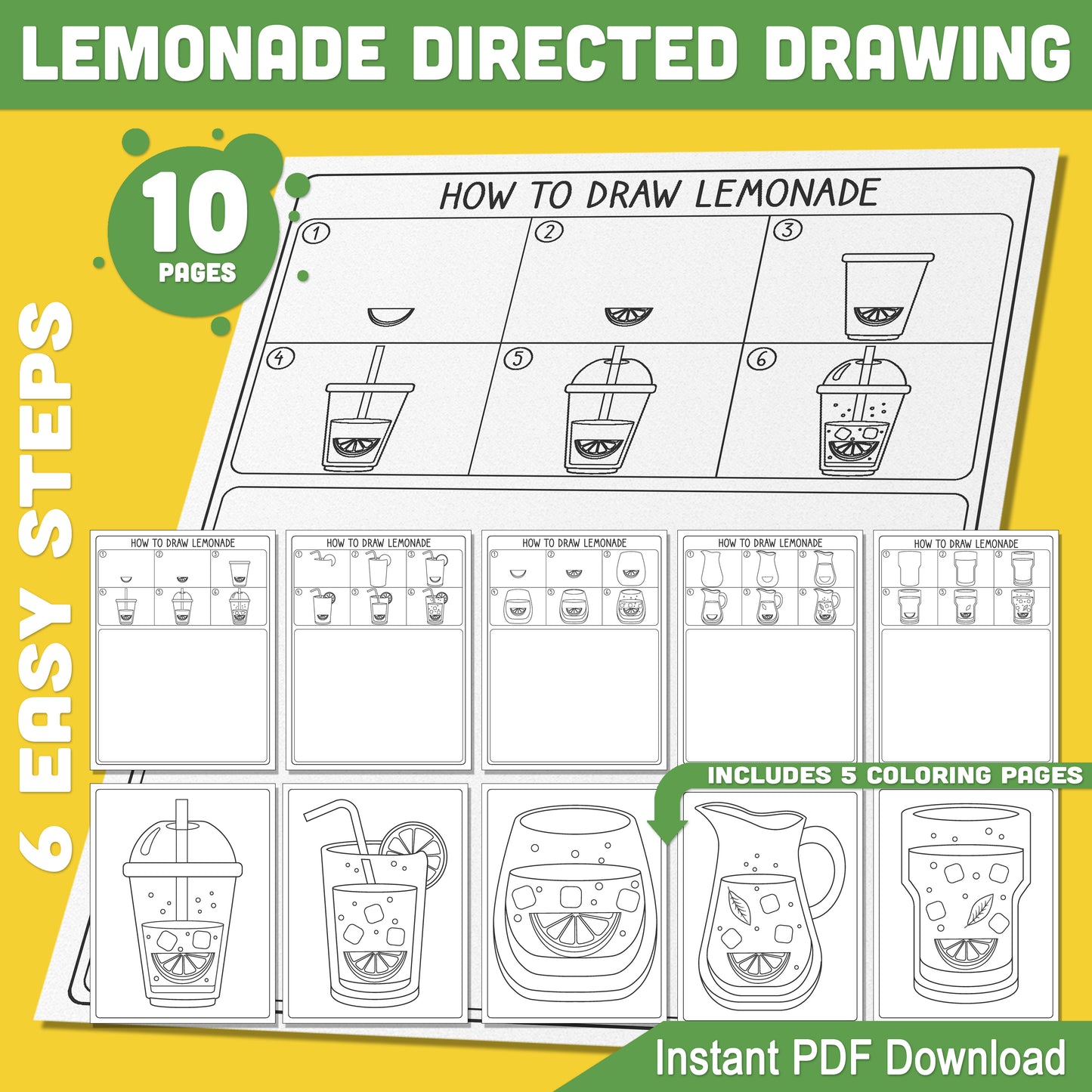Lemonade Directed Drawing Worksheets, How to Draw Lemonade Step by Step Guide, Summer Drawing Activity, 5 Pages + Coloring Sheets