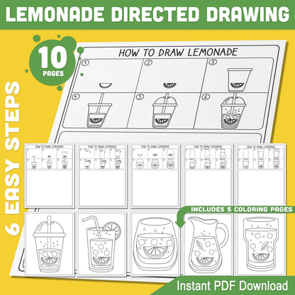 Lemonade Directed Drawing Worksheets, How to Draw Lemonade Step by Step Guide, Summer Drawing Activity, 5 Pages + Coloring Sheets
