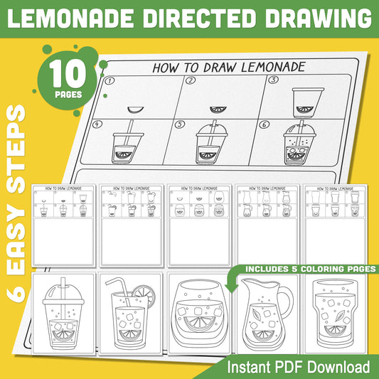 Lemonade Directed Drawing Worksheets, How to Draw Lemonade Step by Step Guide, Summer Drawing Activity, 5 Pages + Coloring Sheets