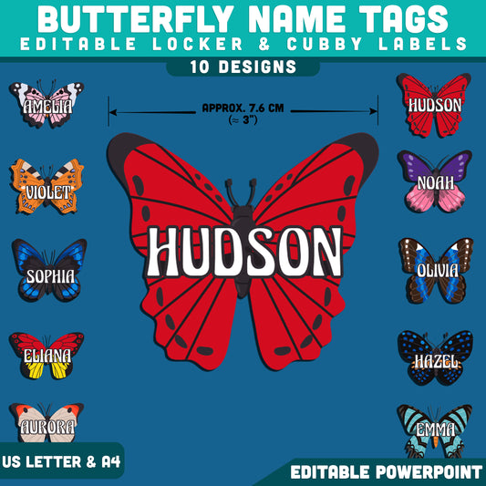 Butterfly Name Tags, Editable Locker & Cubby Labels, Printable Classroom Organization, Editable PowerPoint, 10 Bright Designs, US Letter, A4