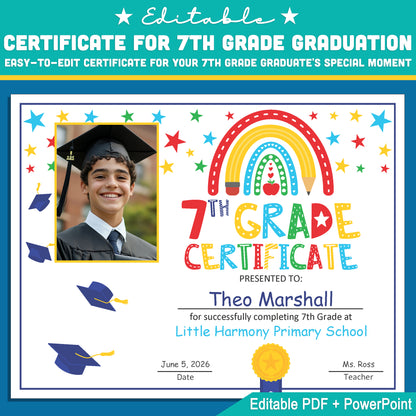 Customizable 7th Grade Certificate Template with Photo: Graduation, Special Recognition Awards, and Milestone Celebrations in PDF & PowerPoint