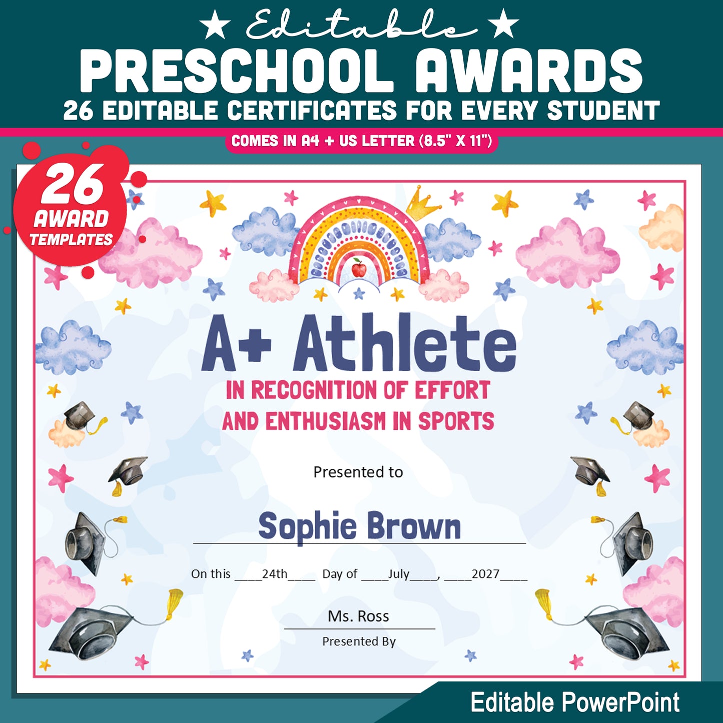 Editable End-of-Year Awards for Preschool, TK, Pre-K, Kindergarten, and 1st Grade, Printable Student Recognition Set, 26 Unique Awards