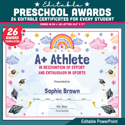 Editable End-of-Year Awards for Preschool, TK, Pre-K, Kindergarten, and 1st Grade, Printable Student Recognition Set, 26 Unique Awards