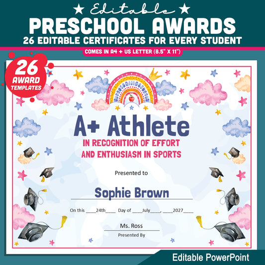 Editable End-of-Year Awards for Preschool, TK, Pre-K, Kindergarten, and 1st Grade, Printable Student Recognition Set, 26 Unique Awards