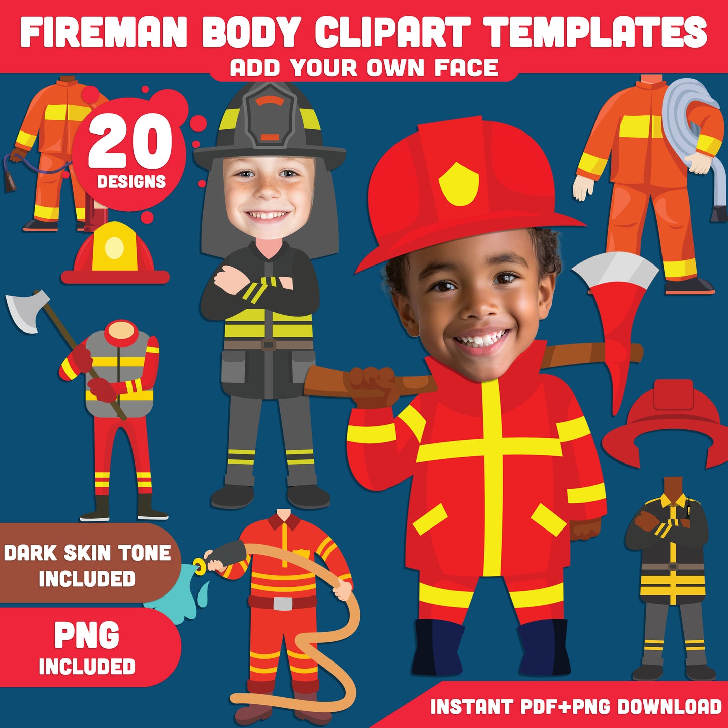 Kids’ Fireman Body Clipart: Set of Printable Firefighter Templates, Add Your Own Face for Exciting Crafts, Role-Playing, and DIY Fun, Light + Dark Skin Tone, PDF + PNG