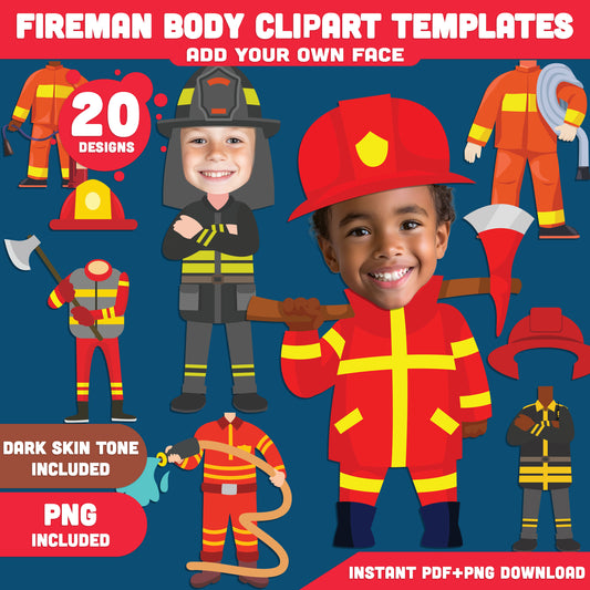 Kids’ Fireman Body Clipart: Set of Printable Firefighter Templates, Add Your Own Face for Exciting Crafts, Role-Playing, and DIY Fun, Light + Dark Skin Tone, PDF + PNG