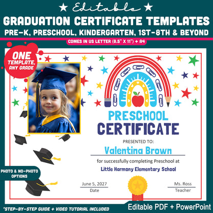 Editable Graduation Certificate Templates, Student Keepsake Awards with Photo and No-Photo Versions, PDF and PowerPoint