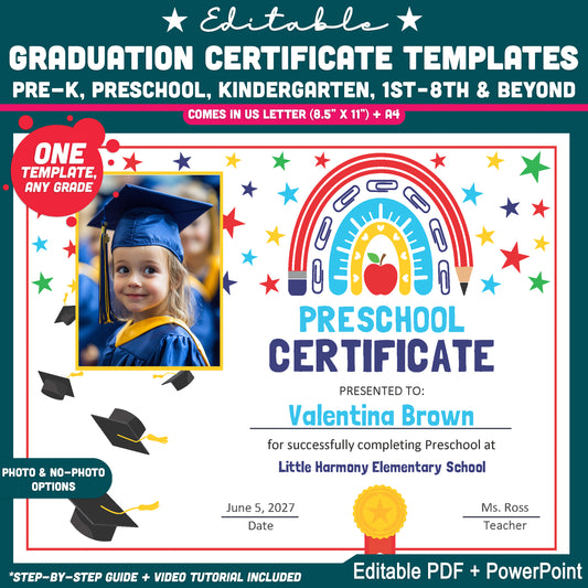 Editable Graduation Certificate Templates, Student Keepsake Awards with Photo and No-Photo Versions, PDF and PowerPoint