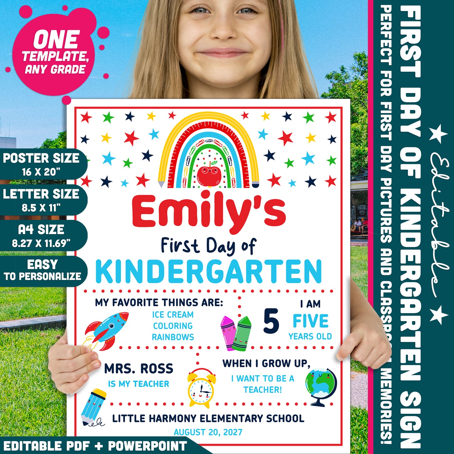 Editable First and Last Day of Kindergarten Sign, Colorful First Day School Poster, Printable Classroom Photo Sign Set