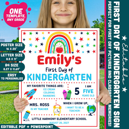 Editable First and Last Day of Kindergarten Sign, Colorful First Day School Poster, Printable Classroom Photo Sign Set