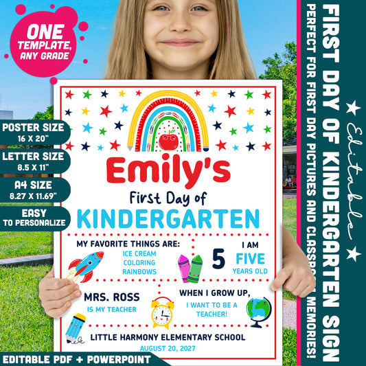 Editable First and Last Day of Kindergarten Sign, Colorful First Day School Poster, Printable Classroom Photo Sign Set