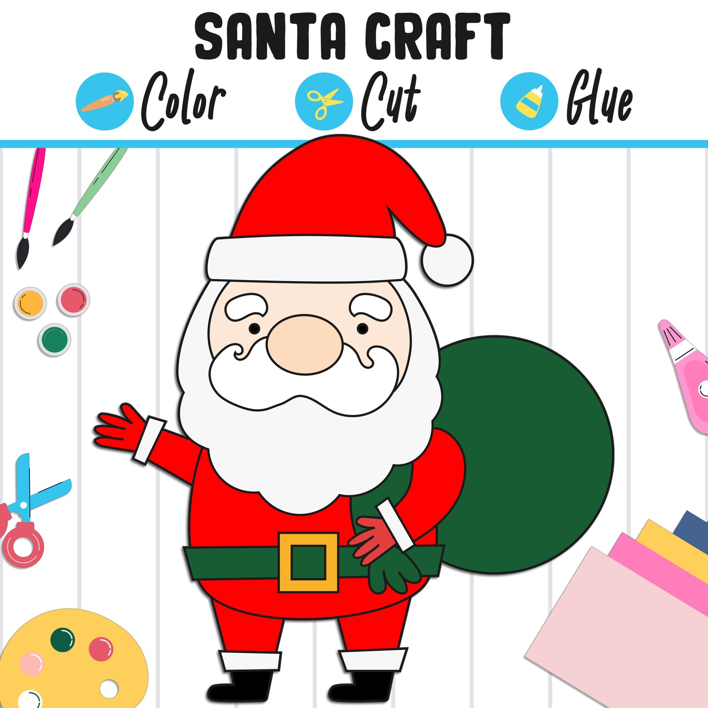 Santa Craft Template: Fun Christmas Activity for Kids, Color, Cut, and Glue, Pre K to 2nd Grade, PDF Instant Download